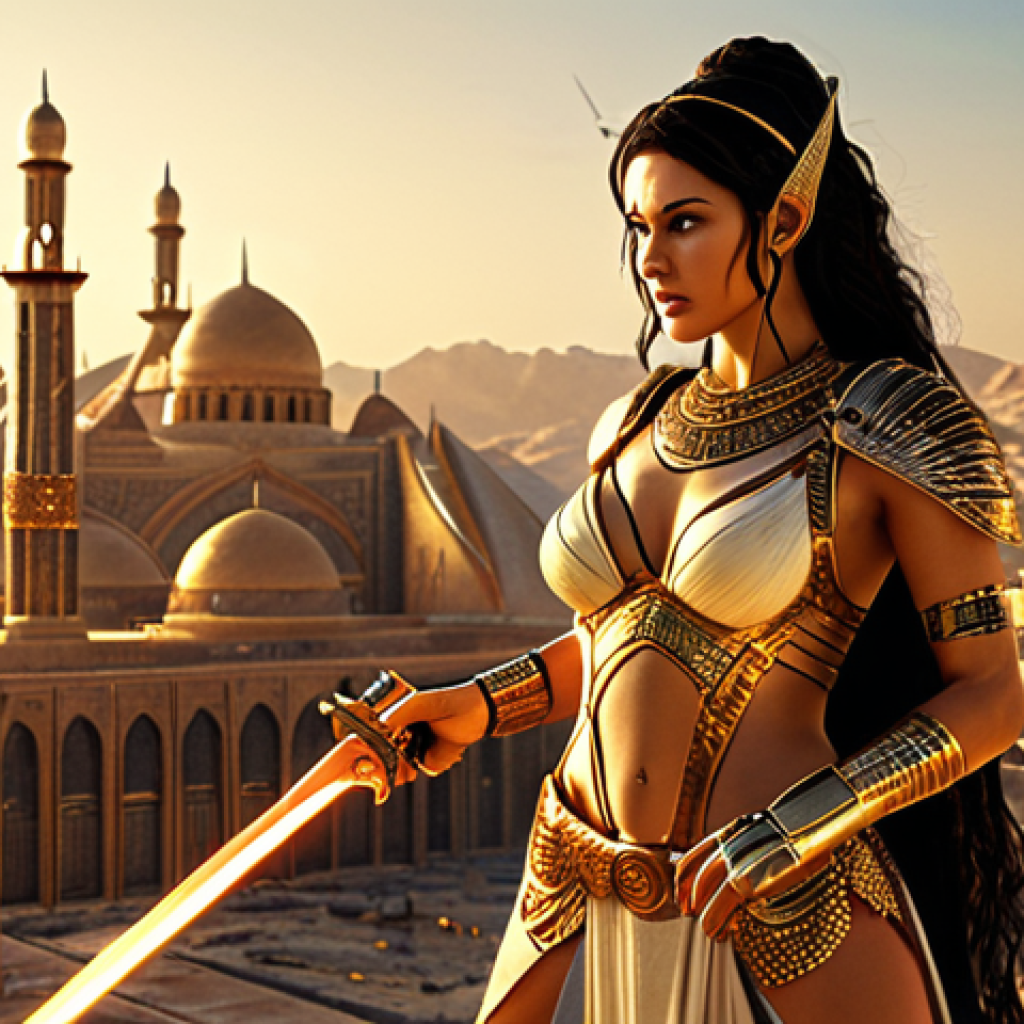 **

"A stunning, vibrant scene from Nikke: Goddess of Victory. A beautiful Nikke character, inspired by ancient mythology, wielding a futuristic weapon, standing amidst a sci-fi cityscape with Arabic architectural influences, bathed in golden light.  Intricate details, high resolution."

**