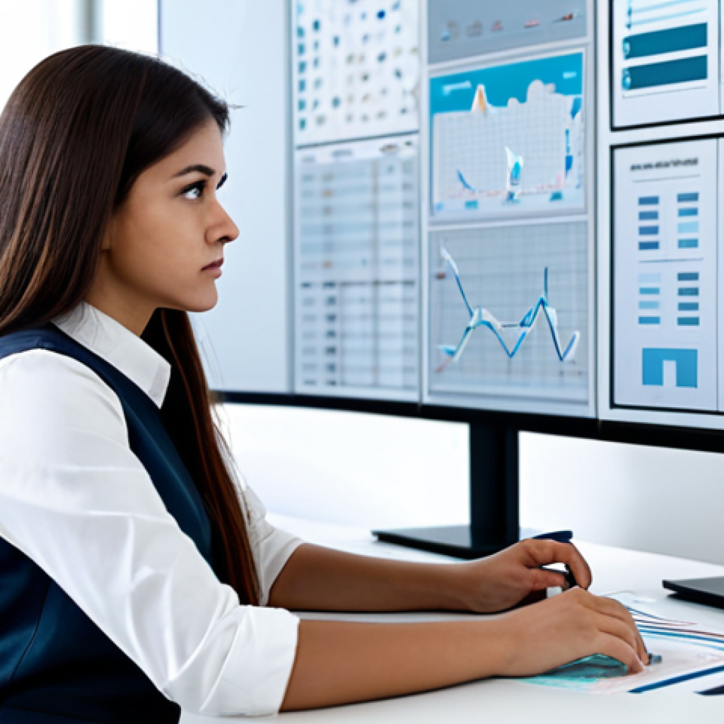 A young professional woman, fully clothed in a modest business casual outfit, sits at a modern desk, attentively studying a holographic tactical display that visualizes abstract game resources and progression paths. Her expression is thoughtful and focused, demonstrating strategic planning. The background is a clean, well-lit contemporary office space with subtle tech accents. Perfect anatomy, correct proportions, natural pose, well-formed hands, proper finger count, natural body proportions, professional photography, high detail, sharp focus, safe for work, appropriate content, modest, family-friendly.