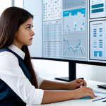 A young professional woman, fully clothed in a modest business casual outfit, sits at a modern desk, attentively studying a holographic tactical display that visualizes abstract game resources and progression paths. Her expression is thoughtful and focused, demonstrating strategic planning. The background is a clean, well-lit contemporary office space with subtle tech accents. Perfect anatomy, correct proportions, natural pose, well-formed hands, proper finger count, natural body proportions, professional photography, high detail, sharp focus, safe for work, appropriate content, modest, family-friendly.