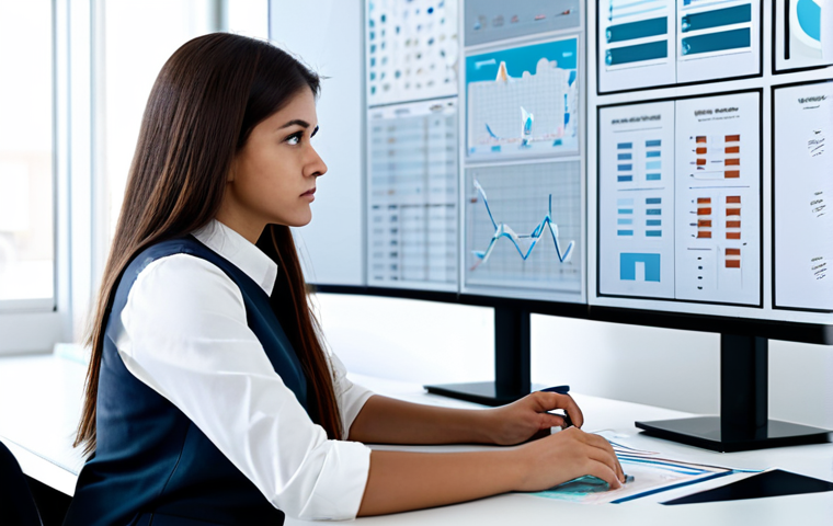A young professional woman, fully clothed in a modest business casual outfit, sits at a modern desk, attentively studying a holographic tactical display that visualizes abstract game resources and progression paths. Her expression is thoughtful and focused, demonstrating strategic planning. The background is a clean, well-lit contemporary office space with subtle tech accents. Perfect anatomy, correct proportions, natural pose, well-formed hands, proper finger count, natural body proportions, professional photography, high detail, sharp focus, safe for work, appropriate content, modest, family-friendly.