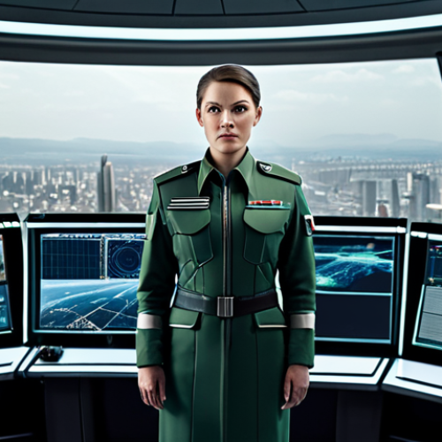 **

"A determined female commander in futuristic, fully clothed military attire, standing in a high-tech control room overlooking a cityscape, appropriate dress, safe for work, professional lighting, perfect anatomy, correct proportions, family-friendly, well-formed hands."

**