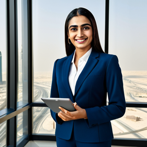 Modern Businesswoman**

*   A professional Arab businesswoman in a tailored, modest business suit, standing confidently in a modern, sunlit office in Dubai. She is smiling warmly and holding a tablet. Background includes Burj Khalifa view. Perfect anatomy, natural pose, professional lighting, high resolution. Safe for work, appropriate content, fully clothed, professional.

**