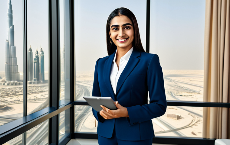 Modern Businesswoman**
* A professional Arab businesswoman in a tailored, modest business suit, standing confidently in a modern, sunlit office in Dubai. She is smiling warmly and holding a tablet. Background includes Burj Khalifa view. Perfect anatomy, natural pose, professional lighting, high resolution. Safe for work, appropriate content, fully clothed, professional.
**