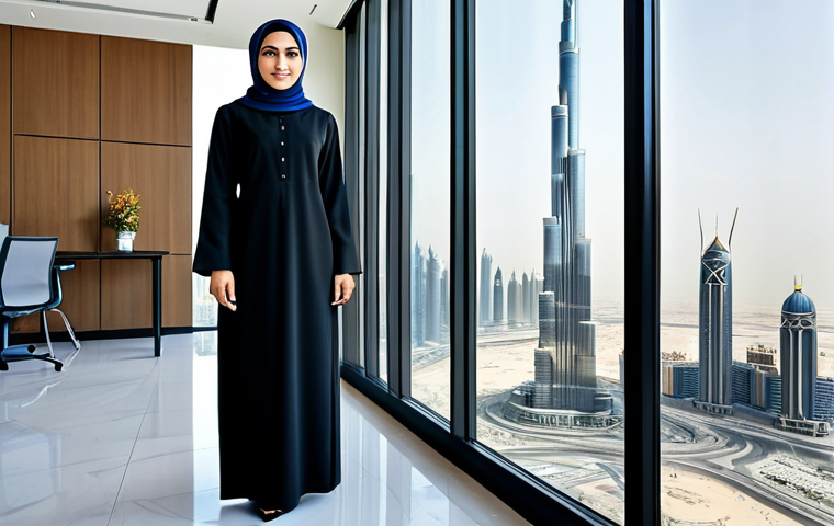 승리의여신 니케 팬덤 문화 연구 - **Prompt:** A professional Arab businesswoman in a modest, tailored abaya and hijab, standing confid...