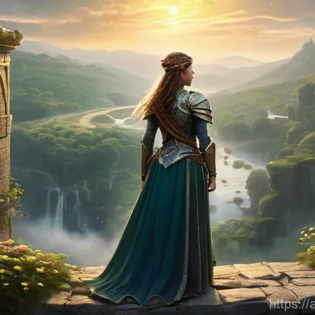 승리의여신 니케 유료 캐릭터 비교 - **"A confident female fantasy warrior stands majestically on a towering, ancient stone bridge, overl...