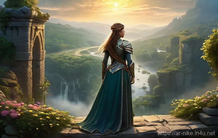 승리의여신 니케 유료 캐릭터 비교 - **"A confident female fantasy warrior stands majestically on a towering, ancient stone bridge, overl...