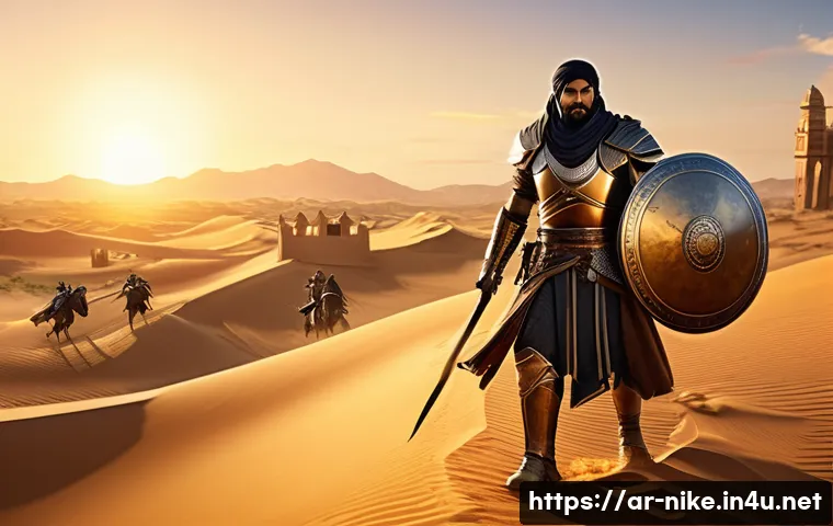 승리의여신 니케 새로운 플레이 방법 - A dynamic battle scene in a Middle Eastern-inspired fantasy arena featuring a diverse team of five v...
