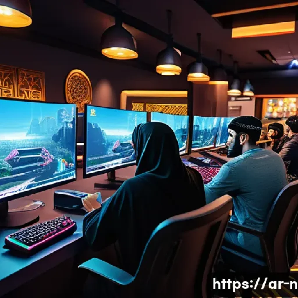 승리의여신 니케 공식 지원 포럼 - A vibrant digital art scene depicting a diverse group of Arabic-speaking gamers gathered around comp...
