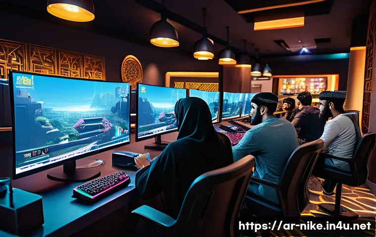 승리의여신 니케 공식 지원 포럼 - A vibrant digital art scene depicting a diverse group of Arabic-speaking gamers gathered around comp...
