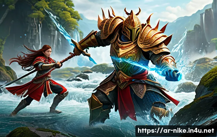 승리의여신 니케 속성별 상성 관계 - A dynamic battle scene in a fantasy RPG setting showcasing diverse elemental characters: a fiery war...