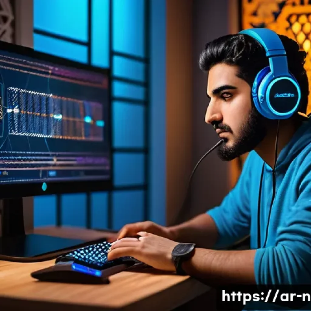 승리의여신 니케 버그 및 해결법 - A detailed scene showing a Middle Eastern gamer in a modern, cozy room with traditional Arabic decor...