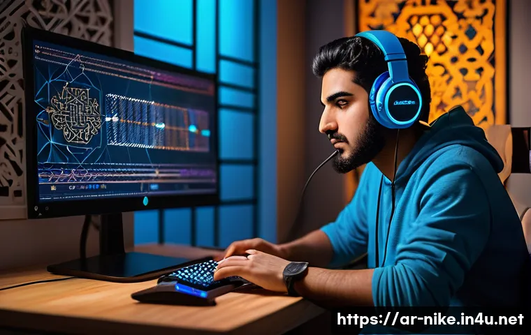 승리의여신 니케 버그 및 해결법 - A detailed scene showing a Middle Eastern gamer in a modern, cozy room with traditional Arabic decor...