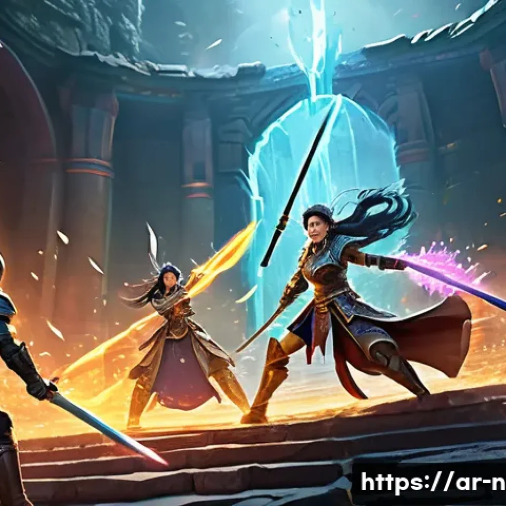 승리의여신 니케 데미지 계산법 - A dynamic battle scene in a vibrant fantasy arena inspired by Korean RPG aesthetics, featuring a div...