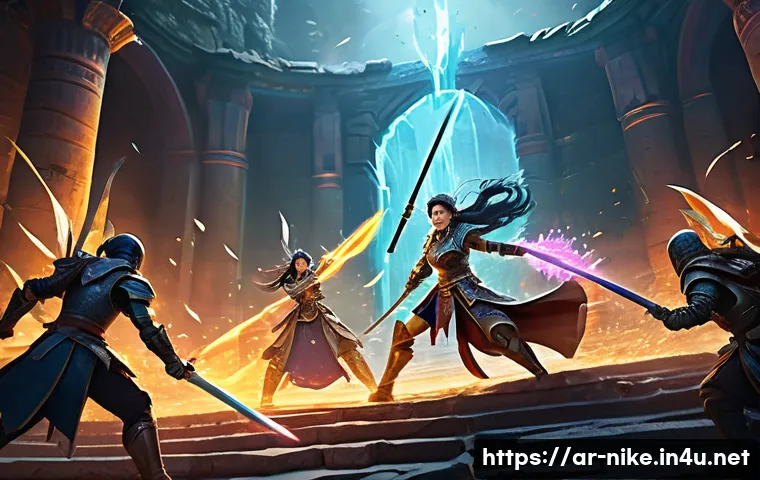 승리의여신 니케 데미지 계산법 - A dynamic battle scene in a vibrant fantasy arena inspired by Korean RPG aesthetics, featuring a div...