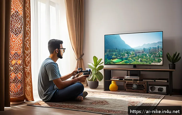 승리의여신 니케 플레이 시간 관리 - A focused young Arab man sitting at a modern gaming setup in a cozy room, wearing casual clothes and...