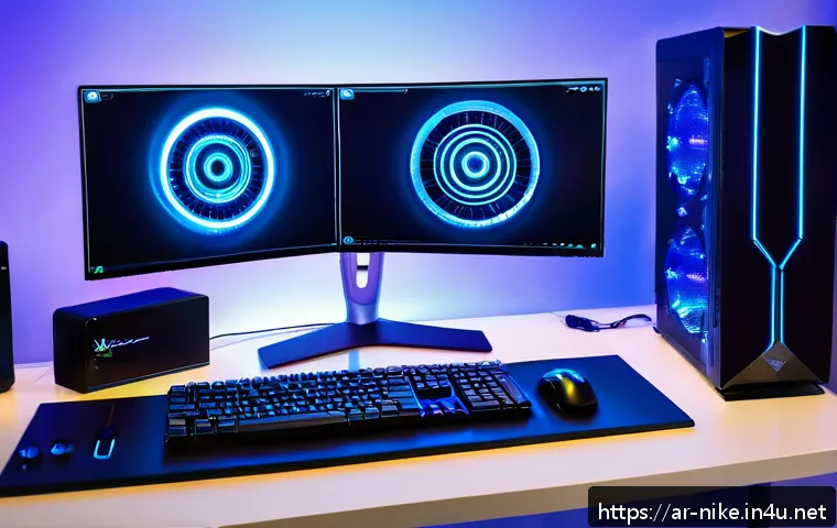 승리의여신 니케 리소스 저장 최적화 - A high-tech gaming setup showcasing a sleek modern desktop PC with multiple RAM sticks glowing softl...