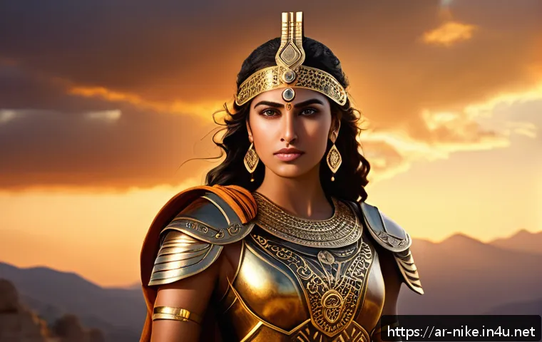 승리의여신 니케 프롤로그 분석 - A powerful and elegant female warrior goddess named Nike, depicted in detailed, realistic armor insp...