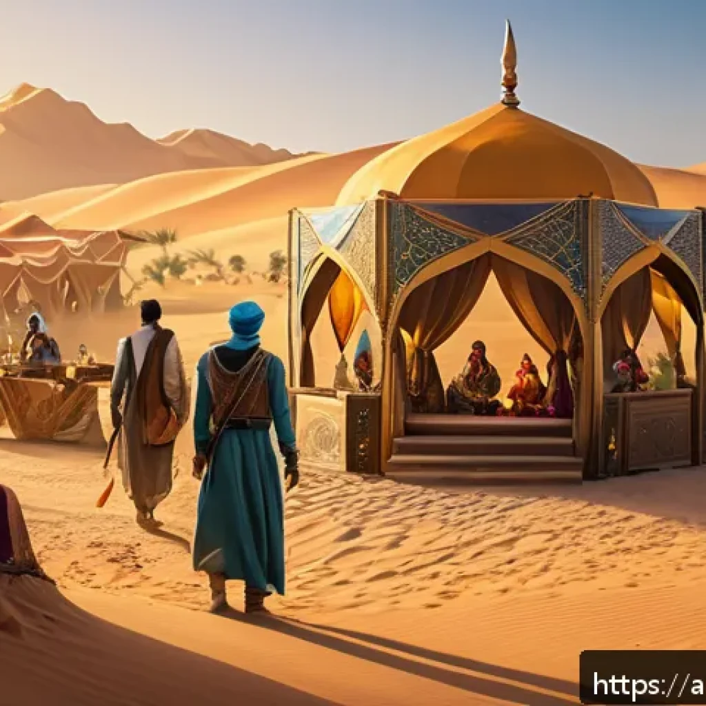 승리의여신 니케 경험치 부스트 아이템 - A detailed scene of a Middle Eastern fantasy RPG setting featuring a diverse group of Arabic-inspire...