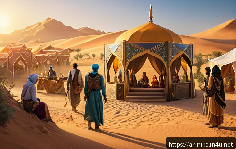 승리의여신 니케 경험치 부스트 아이템 - A detailed scene of a Middle Eastern fantasy RPG setting featuring a diverse group of Arabic-inspire...