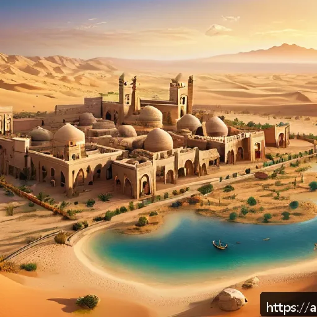 승리의여신 니케 오프라인 모드 평가 - A detailed digital illustration of an Arabic-themed fantasy game map designed for offline play, show...