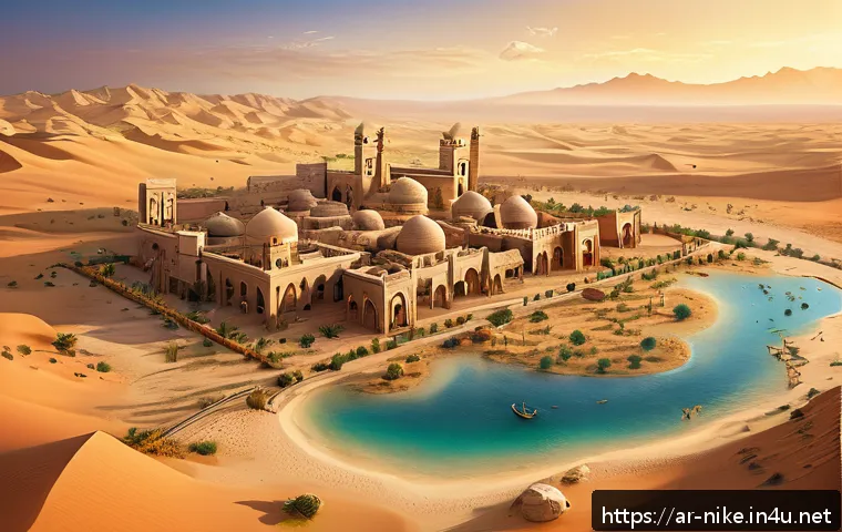 승리의여신 니케 오프라인 모드 평가 - A detailed digital illustration of an Arabic-themed fantasy game map designed for offline play, show...