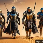 승리의여신 니케 초보자 실수 회피법 - A dynamic team battle scene set in a Middle Eastern-inspired futuristic arena, featuring diverse her...