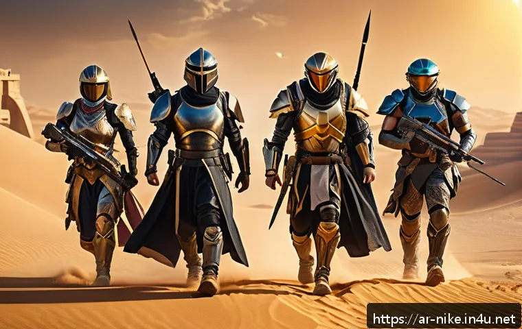 승리의여신 니케 초보자 실수 회피법 - A dynamic team battle scene set in a Middle Eastern-inspired futuristic arena, featuring diverse her...