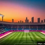 승리의여신 니케 배틀 로얄 모드 출시 루머 - A dynamic battle royale scene set in a massive stadium inspired by iconic Middle Eastern architectur...