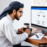 승리의여신 니케 게임 클라우드 저장 - A detailed digital illustration of a Middle Eastern young adult sitting at a modern desk, focused on...