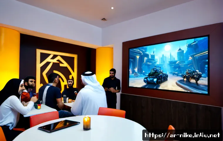 승리의여신 니케 커뮤니티 이벤트 - Photorealistic community gaming event in a modern Riyadh café, diverse Arab adult friends gathered a...