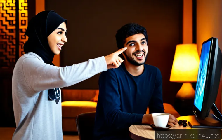 승리의여신 니케 커뮤니티 밈 정리 - Photorealistic Arab gaming community scene, three young adult friends in modest casual clothing gath...