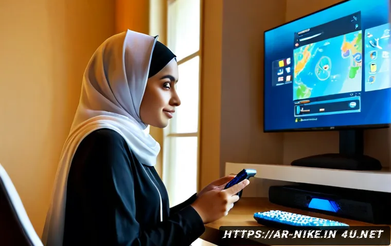 승리의여신 니케 초보자 전용 포럼 - Photorealistic young Arab woman gamer in modest modern clothing and a light hijab, seated at a clean...