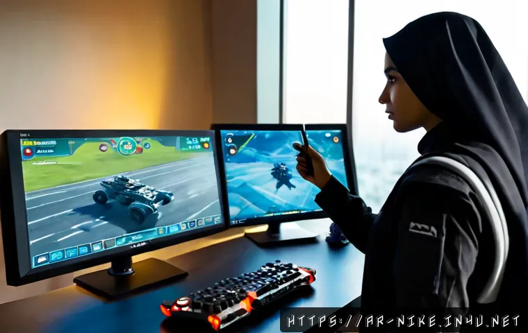 승리의여신 니케 전투 메카닉 분석 - Photorealistic Arab female gaming analyst in modest contemporary clothing studying a futuristic mobi...