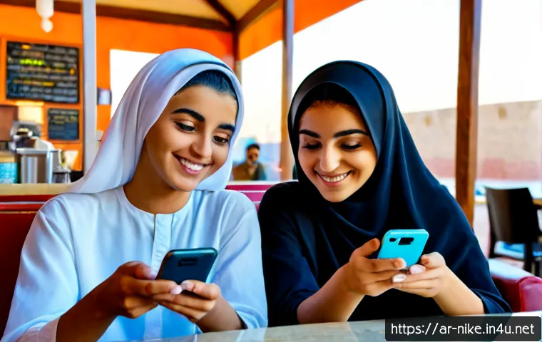 승리의여신 니케 친구 초대 보상 - Photorealistic over-the-shoulder view of two young Arab friends in modest casual clothing sitting to...