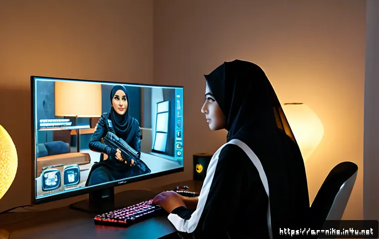 승리의여신 니케 게임 리뷰어 평가 - Photorealistic Arab woman game reviewer in a modern Dubai-style home studio, seated at a clean desk ...