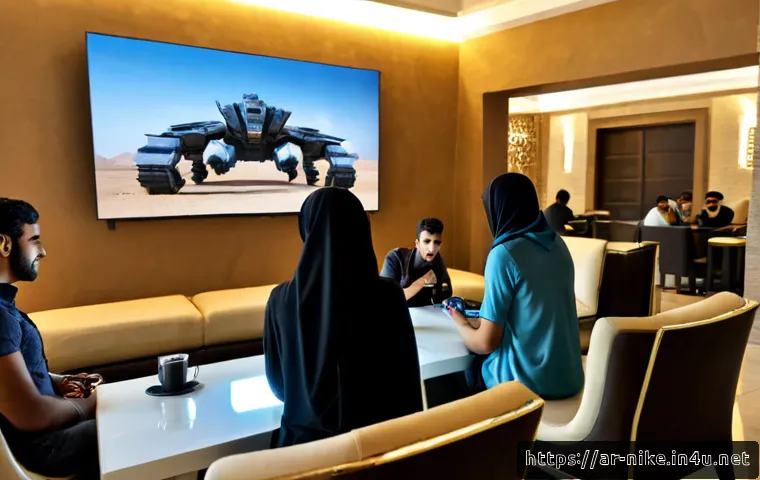 승리의여신 니케 유저 커뮤니티 - Photorealistic modern gaming lounge in a Gulf Arab city, diverse young Arab friends gathered around ...